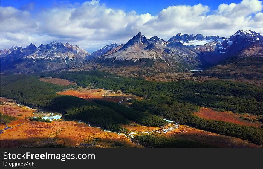 Aerial panorama of the Los Lobos valley near the town Ushuaia, Tierra del Fuego, Argentina