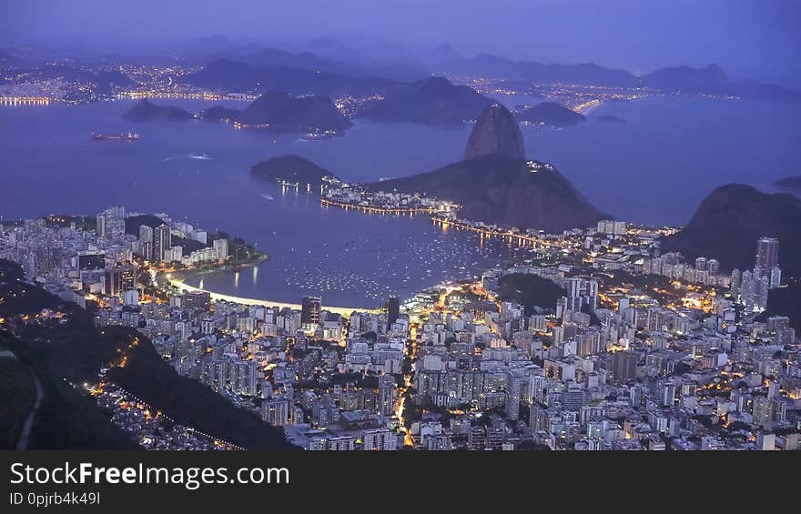 Night shot of botafogo and mt sugarloaf from christ the redeemer in rio de janeiro, brazil. Night shot of botafogo and mt sugarloaf from christ the redeemer in rio de janeiro, brazil