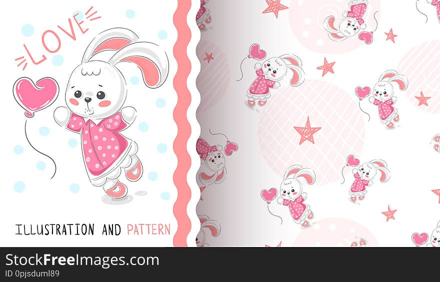 Rabbit with heart - seamless pattern. Hand draw