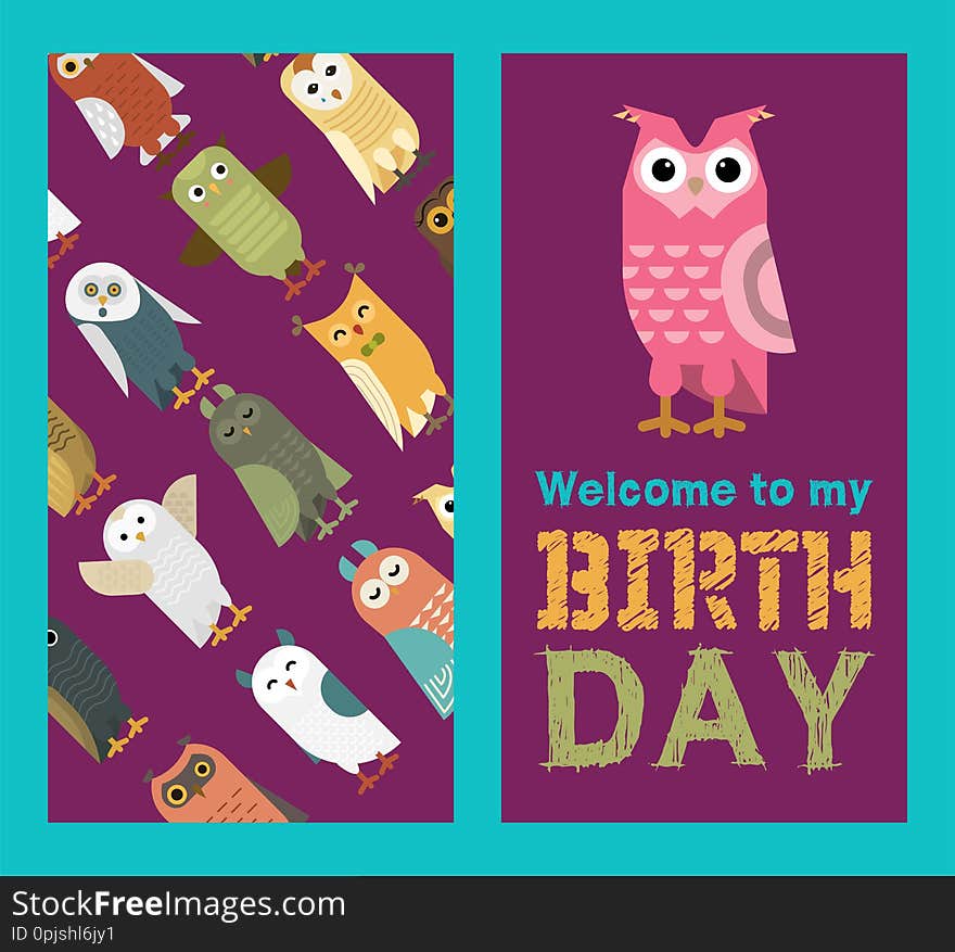 Owl banner and pattern vector illustration. Welcome to my birthday. Cute cartoon wise birds with wings of different