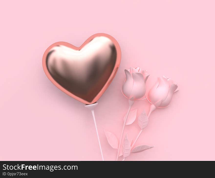 Heart balloon pink flower-rose valentine concept 3d rendering