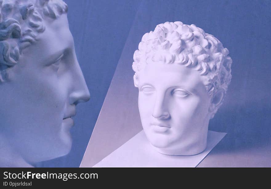 Plaster head sculpture, bust portrait of a young man, classical sculpture for academic drawing, dark background