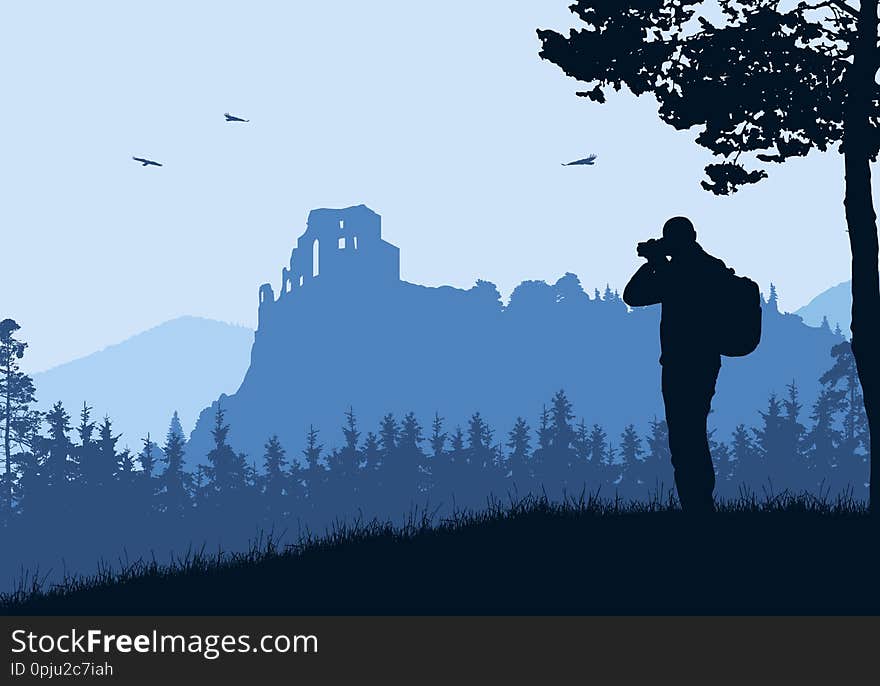 Realistic illustration with silhouette of old castle ruins in mountain landscape with forest. Tourist with backpack takes pictures by camera. Blue sky with birds. Vector