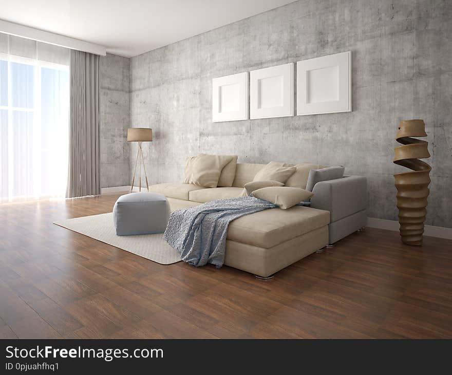 Mock up modern living room with a large corner sofa and trendy hipster backdrop. Mock up modern living room with a large corner sofa and trendy hipster backdrop.