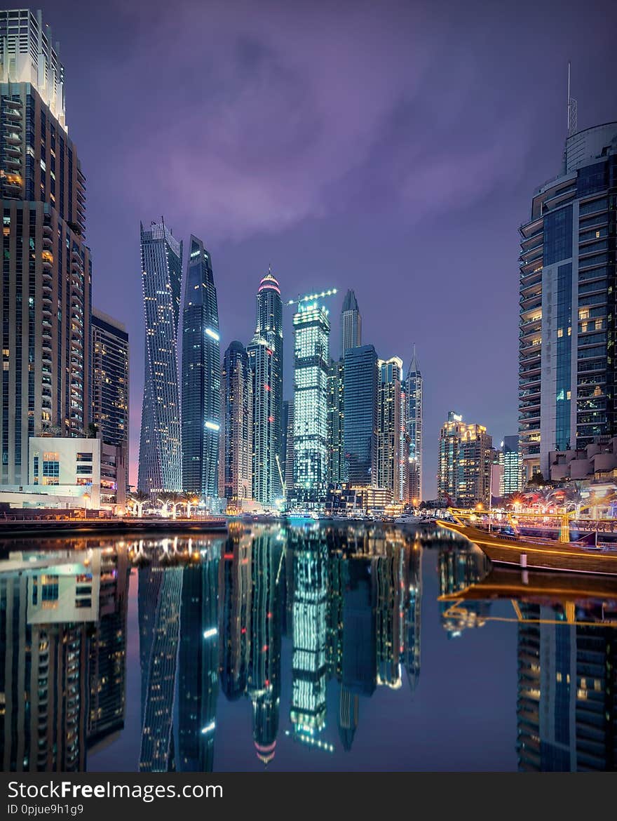 Cityscape of many skyscrapers in Dubai city at popular residential part of town known as Marina. Cityscape of many skyscrapers in Dubai city at popular residential part of town known as Marina