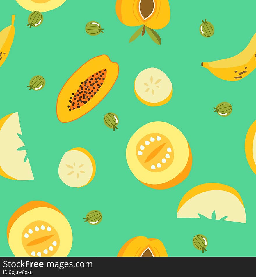 Tropical exotic fruits seamless pattern. Cute fresh organic fruits background. Vector illustration of watermelon, cherry, pear, passionfruit, banana, grape, papaya,vector illustration.