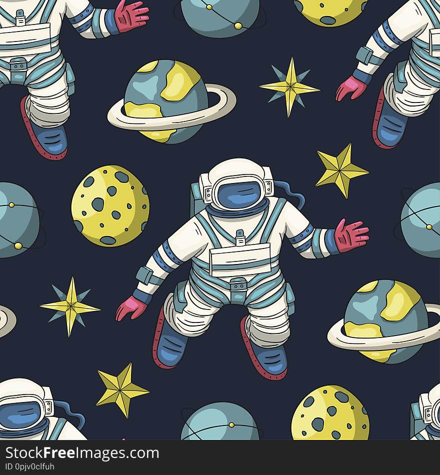 Astronaut vector seamless pattern. Cosmos cartoon illustrations. Spaceman flying in the other space. Universe galaxy cosmonaut background.