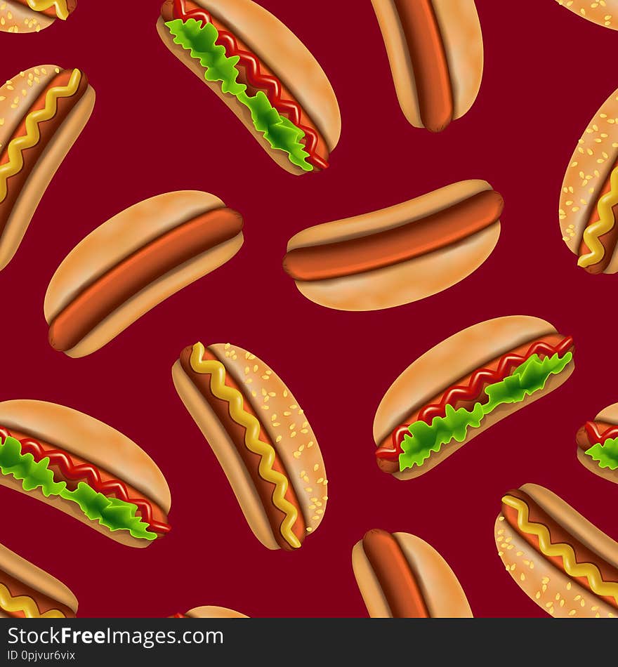 Realistic Detailed 3d Hotdog Fast Food Seamless Pattern Background. Vector