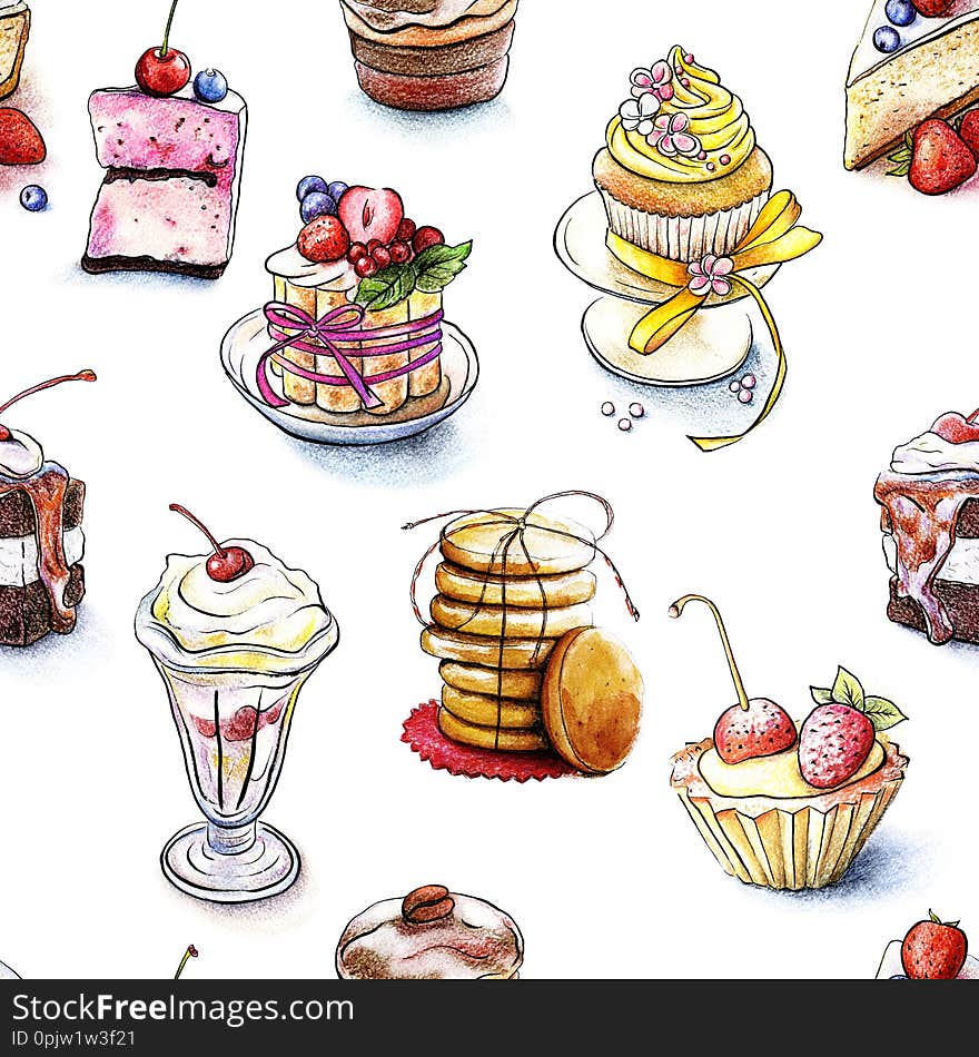 Seamless Pattern Of The Sweet Cakes. Cookies Associated With String Isolated On White Background. Drawn By Hand Watercolor