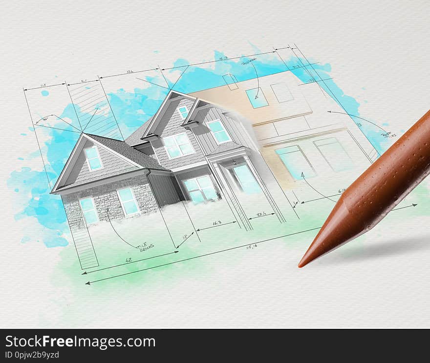 Drawing colored house plan concept. Drawing colored house plan concept