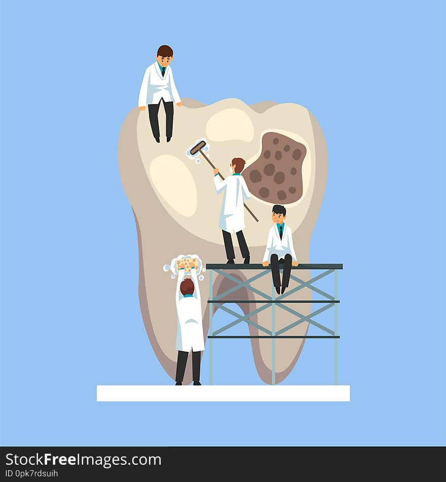 Small Male Doctors Treating Caries Hole on Giant Unhealthy Tooth Vector Illustration on Light Blue Background.