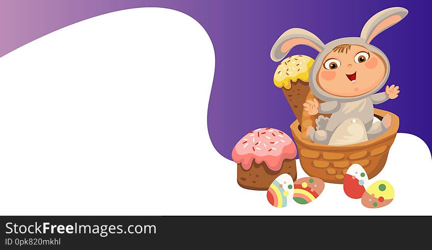 Little girl or boy hunting decorative chocolate egg, happy baby sit in a basket, easter bunny costume with ears and tail, vector illustration, spring holiday fun isolated on white, eggs hunter.