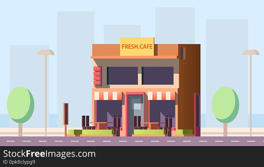 Road cafe, city cafeteria, coffeeshop or fast food street restaurant two-storey building with outdoor seating and mansard flat vector. Small local business, commercial real estate object illustration. Road cafe, city cafeteria, coffeeshop or fast food street restaurant two-storey building with outdoor seating and mansard flat vector. Small local business, commercial real estate object illustration