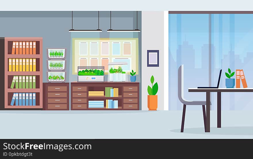 Creative co-working center workplace desk modern office interior with electronic terrarium glass container plants growing concept flat horizontal vector illustration