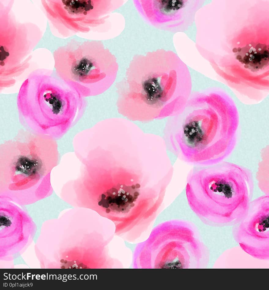 Watercolor pink flowers seamless pattern