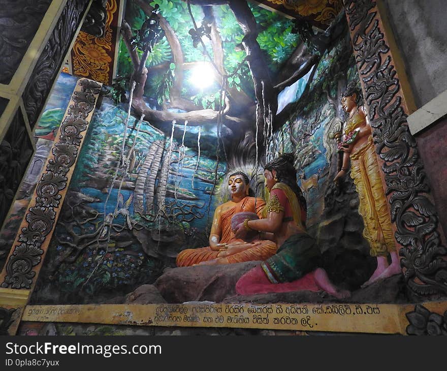 Temple decoration and big Buddha monument, tourist destination, Sri Lanka.