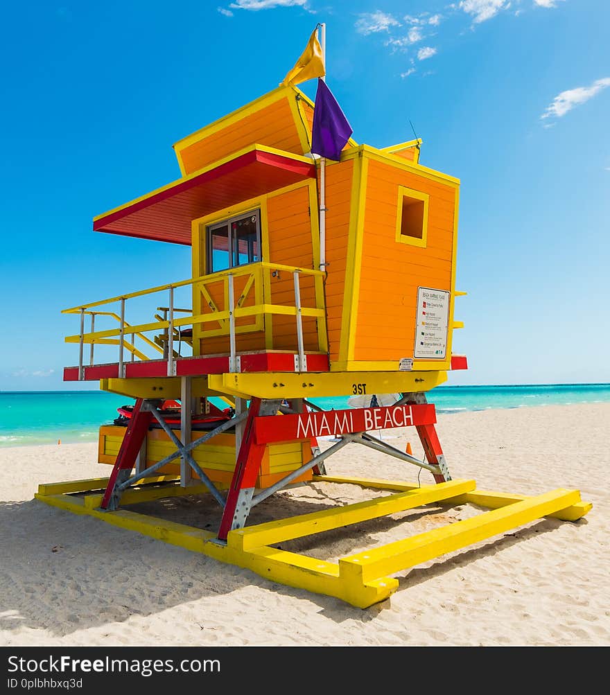 Colorful lifeguard tower under a clear sky in Miami Beach. Southern Florida, USA