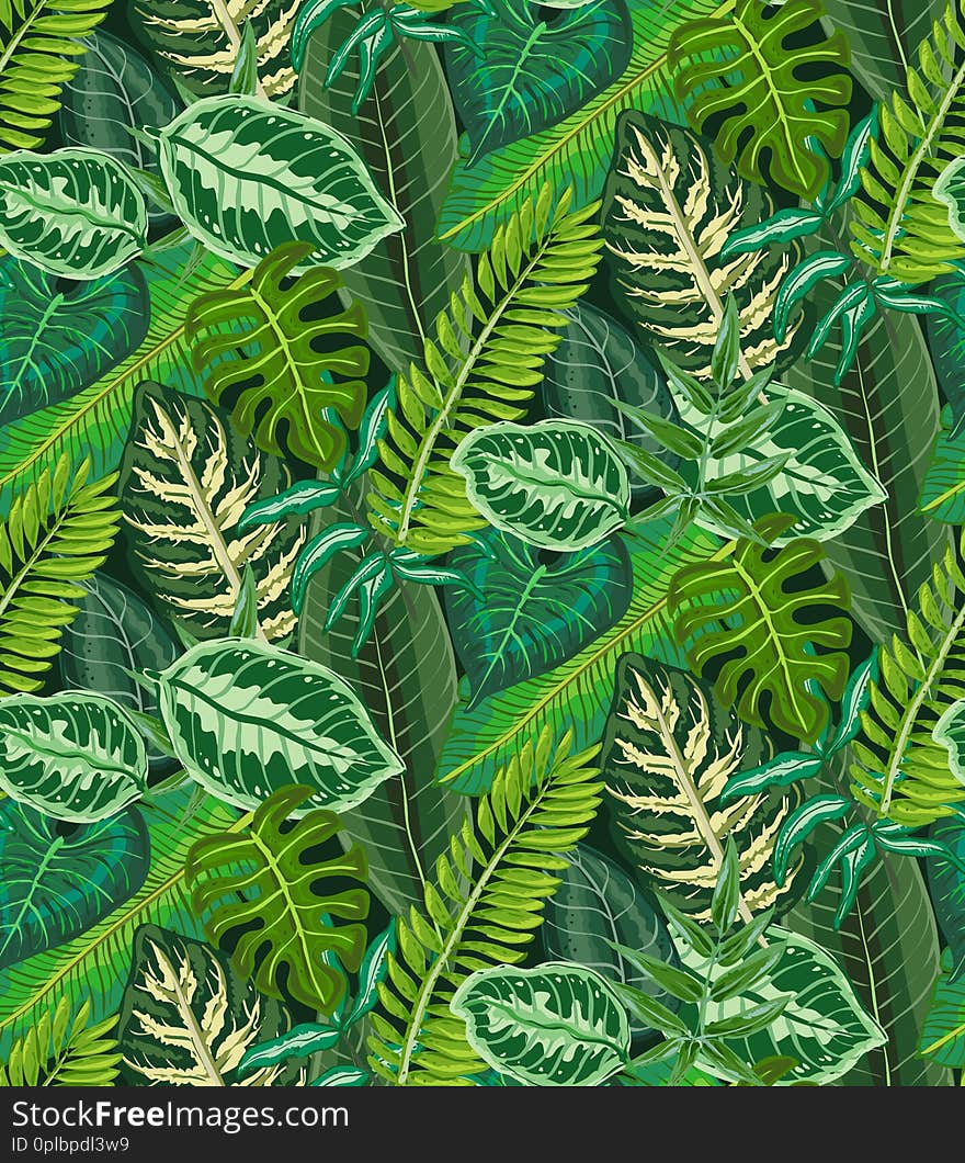 Vector seamless pattern with tropical palm leaves, jungle plants. Endless natural background