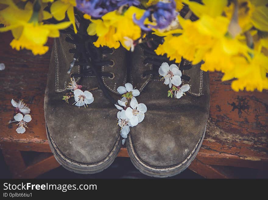 Old leather boot with flower inside on a wooden chair