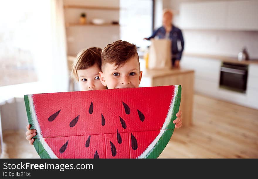 Two happy small children playing at home. Copy space.