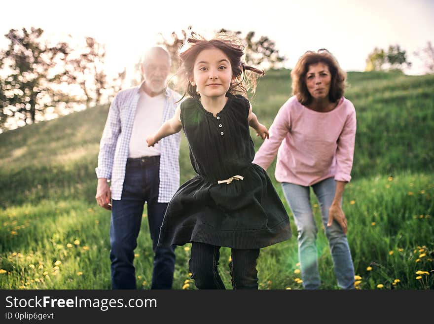 Senior couple with granddaughter outside in spring nature, laughing. Copy space. Senior couple with granddaughter outside in spring nature, laughing. Copy space.