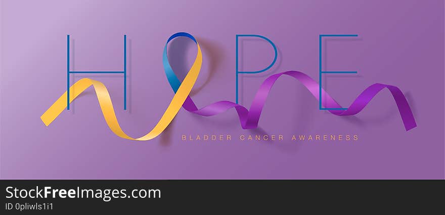 Bladder Cancer Awareness Calligraphy Poster Design. Hope. Realistic Marigold And Blue And Purple Ribbon. May is Cancer Awareness Month. Vector Illustration