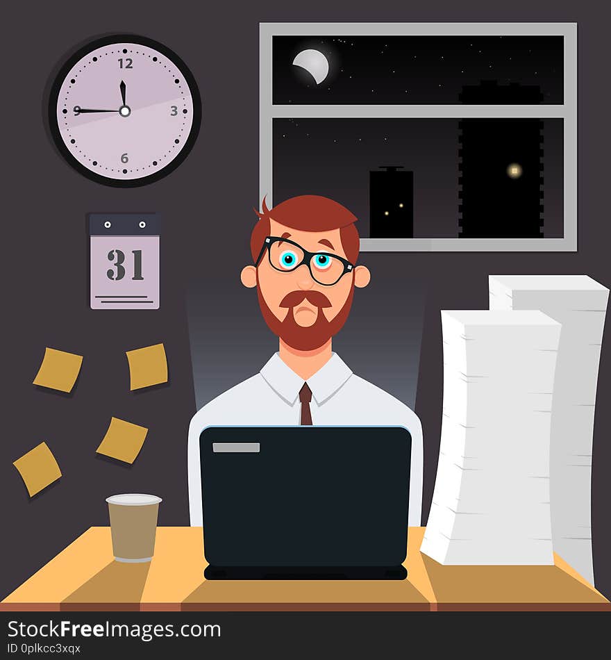Tired amusing man works at night on laptop. On the wall hang hours, calendar and stickers. In the window is a moonlit night. On the table are a stack of paper, a glass of coffee. Vector illustration.