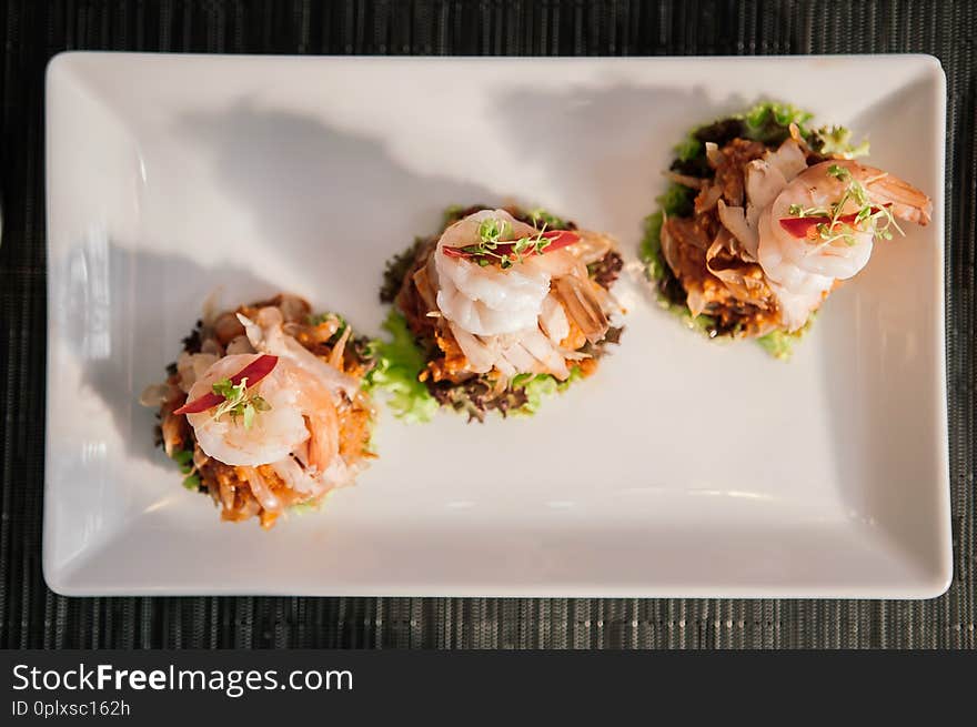 Traditional Thai Pomelo salad with shrimps or Yum Som O, Famous Thai appetizer shot from top view