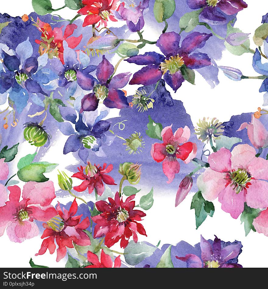 Clematis bouquet floral botanical flowers. Wild spring leaf wildflower. Watercolor illustration set. Watercolour drawing fashion aquarelle. Seamless background pattern. Fabric wallpaper print texture. Clematis bouquet floral botanical flowers. Wild spring leaf wildflower. Watercolor illustration set. Watercolour drawing fashion aquarelle. Seamless background pattern. Fabric wallpaper print texture.