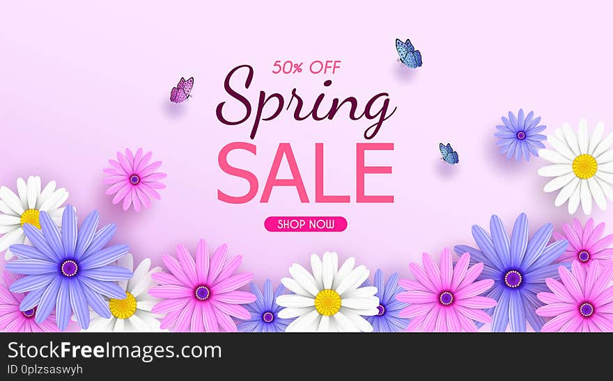 Spring Sale Banner Background With Beautiful Colorful Flowers Are Blooming