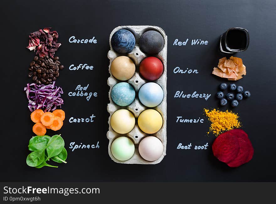 Easter eggs painted with natural egg dye from fruits and vegetables. Homemade naturally dyed Easter eggs with ingredients