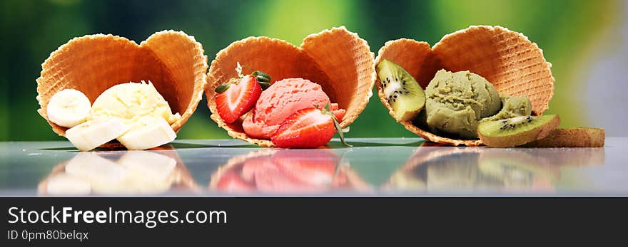 Set Of Ice Cream Scoops Of Different Colors And Flavours With Berries And Fruits