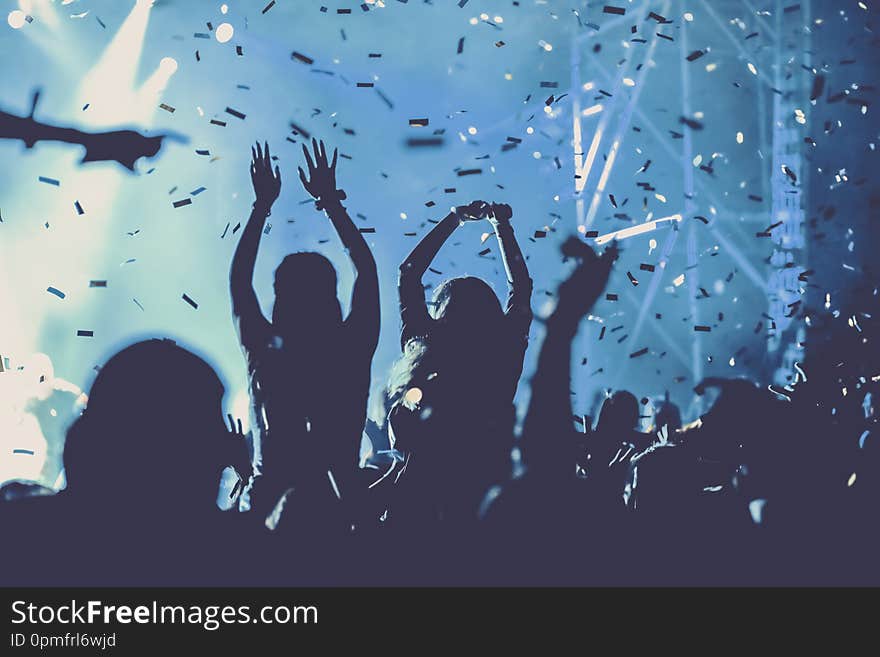 cheering crowd with raised hands and falling confetti at concert - music festival