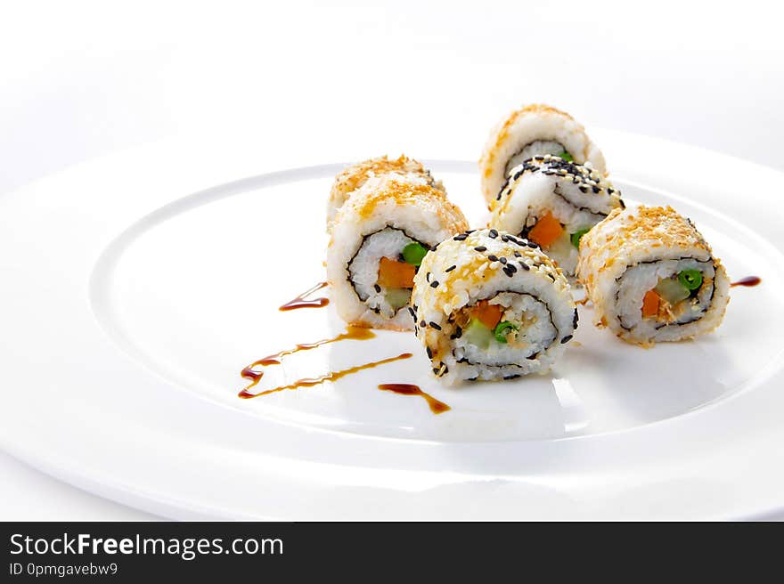 Japanese rolls set , Delicious sushi rolls served background