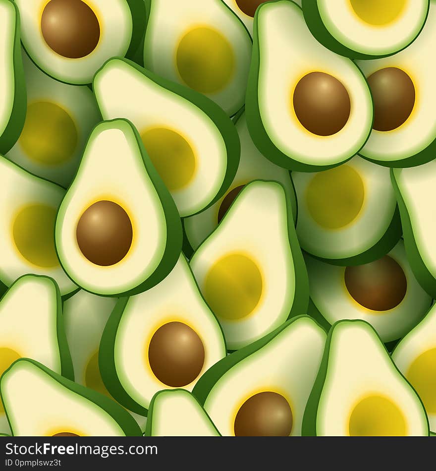 Seamless pattern with realistic avocado with seed and without seed. Seamless pattern with realistic avocado with seed and without seed