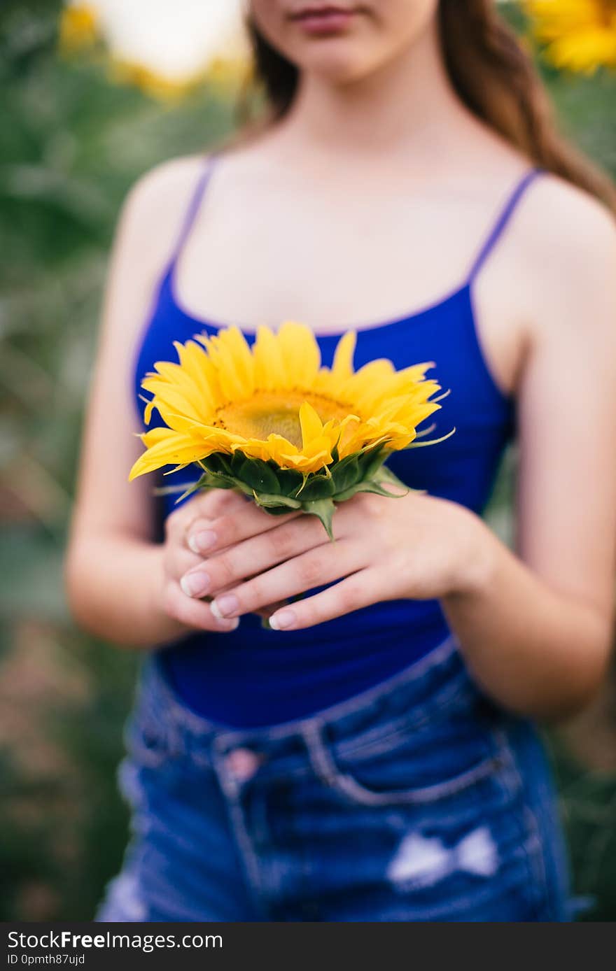 Beautiful girl on the field with sunflowers in short shorts and a vest.