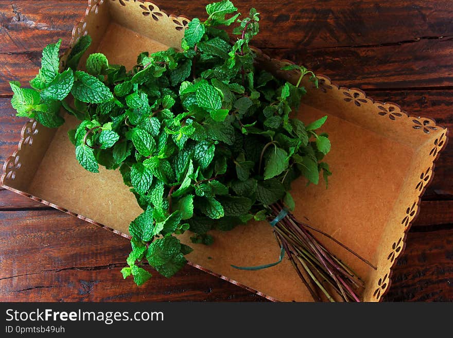 Group of green organic fresh mint in basket over rustic wooden desk. Aromatic peppermint with medicinal and culinary uses. Top view