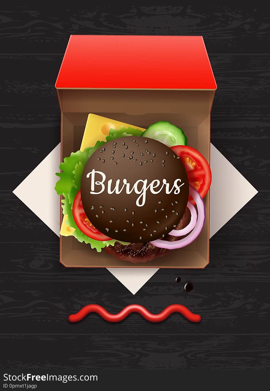 Vector Illustration Of Big Cheeseburger With Black Bun And Sesame In Red Cardboard Box, Top View