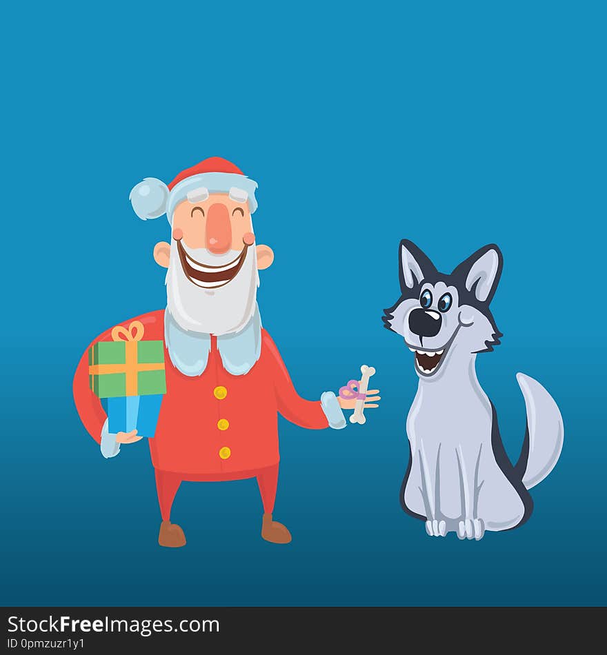 Happy laughing Santa Claus with dog. New year and Christmas cards for year of the dog according to the Eastern calendar