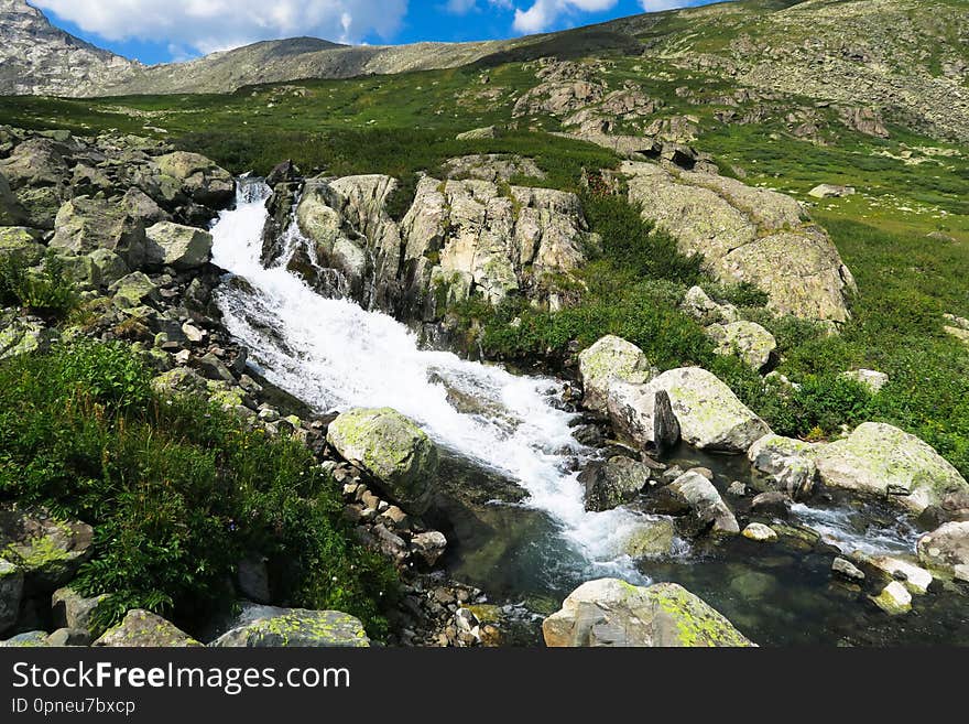 Mountain rapid river picturesque view. Altai Mountains, Russia