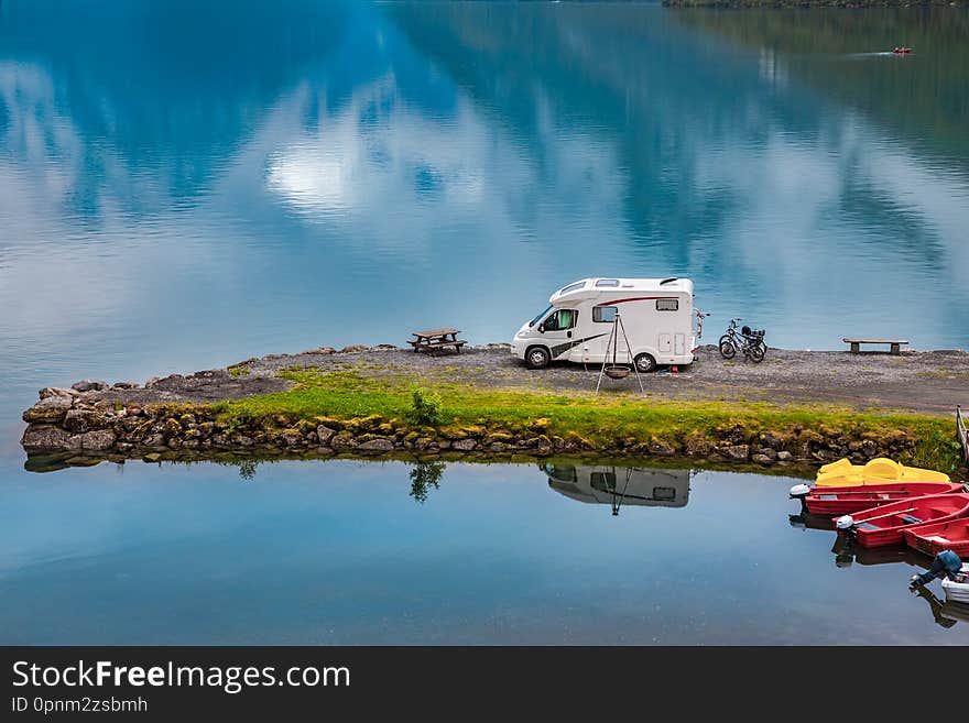 Family vacation travel RV, holiday trip in motorhome, Caravan car Vacation. Beautiful Nature Norway natural landscape