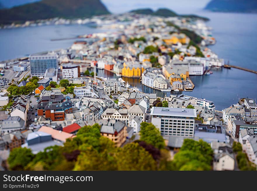 Aksla at the city of Alesund tilt shift lens, Norway island