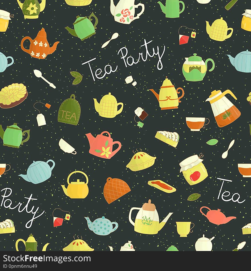 Bright tea repeat background. Colored kettles on dark background. Vintage textured doodle style backdrop. Tea party invitation. Bright tea repeat background. Colored kettles on dark background. Vintage textured doodle style backdrop. Tea party invitation