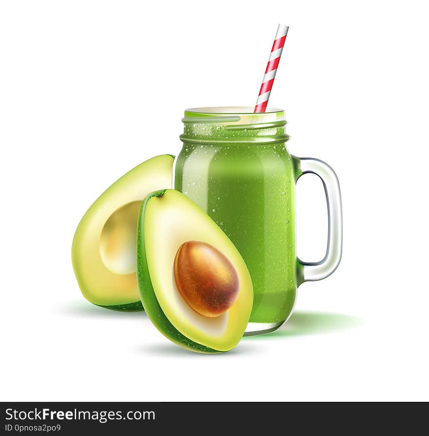 Vector green smoothie in mason jar with straw