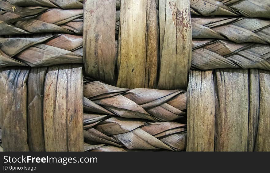 Part of a wicker basket handmade. The texture of woven woolen vines.