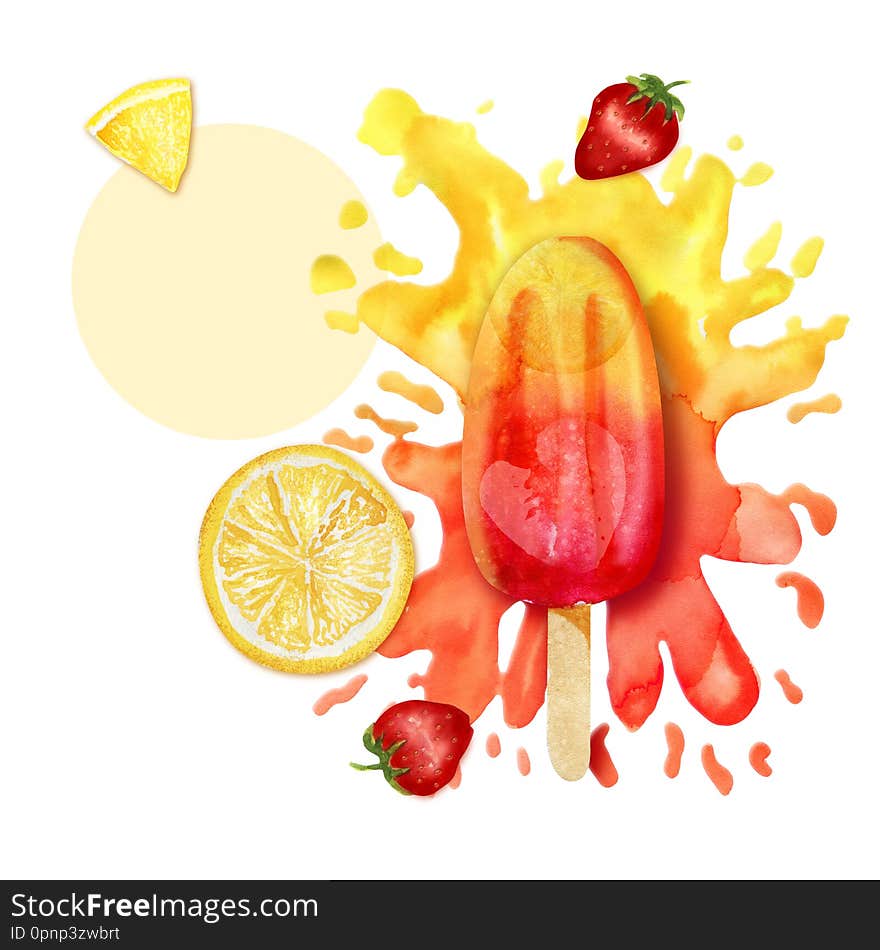 Bright poster with red and yellow fruit popsicle and place for text. Hand-drawn watercolor illustration. Bright poster with red and yellow fruit popsicle and place for text. Hand-drawn watercolor illustration