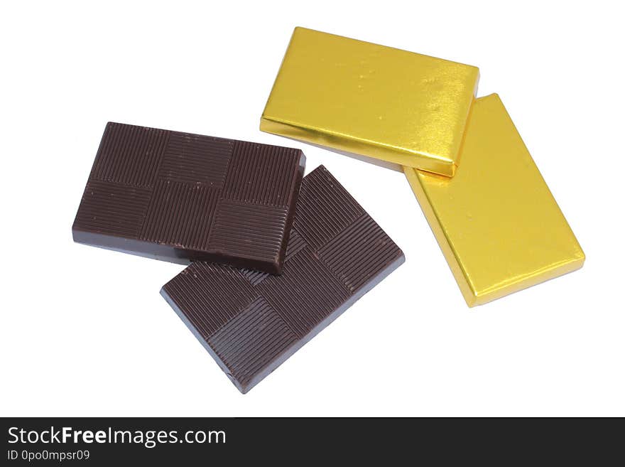 Fresh chocolate gold bars in white bg