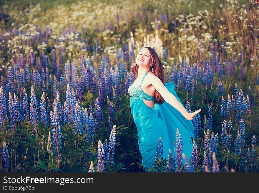 Young beautiful long-haired girl in a blue dress in a lupine is having fun and resting. Young beautiful long-haired girl in a blue dress in a lupine is having fun and resting