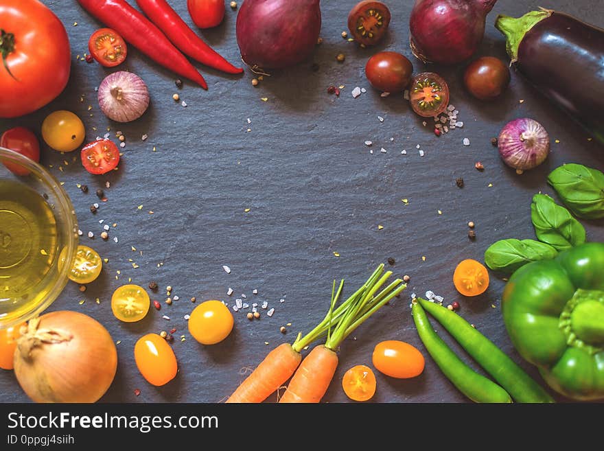 Vegan friendly vegetable plate with spices and oil