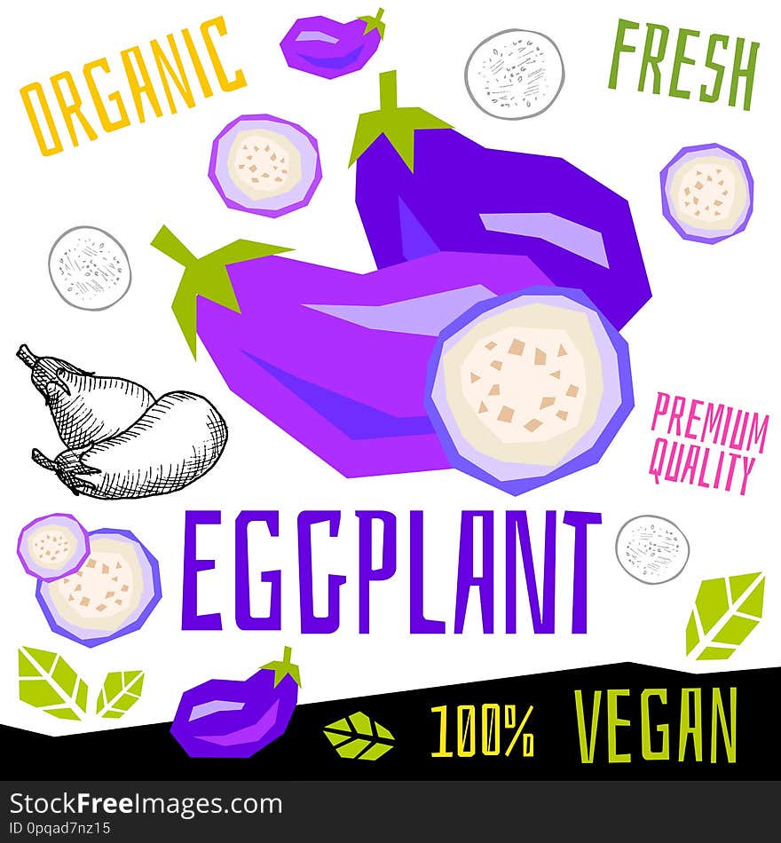 Eggplant icon label fresh organic vegetable, vegetables nuts herbs spice condiment color graphic design vegan food. Hand drawn vector illustrations. Eggplant icon label fresh organic vegetable, vegetables nuts herbs spice condiment color graphic design vegan food. Hand drawn vector illustrations.